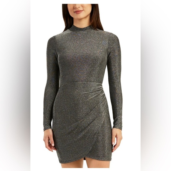 BCX Juniors Metallic Ruched Tulip Hem Mock Neck Long Sleeve Dress Stretch  XXS - Picture 1 of 11